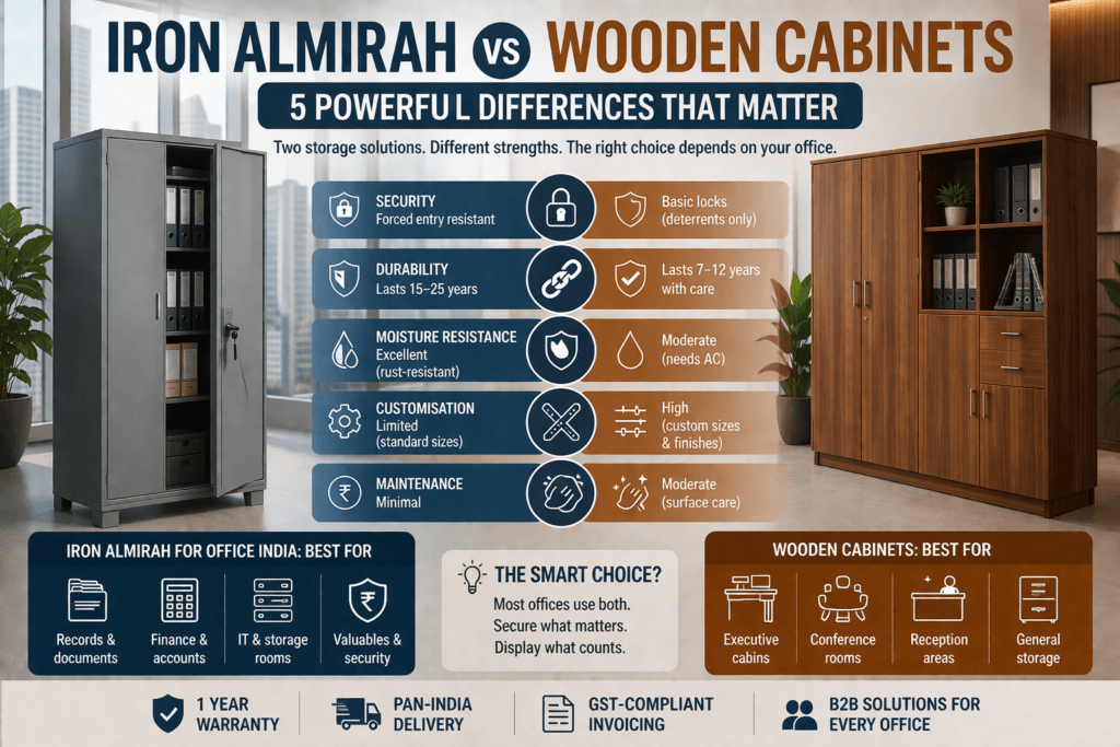 iron almirah for office India vs wooden cabinet comparison