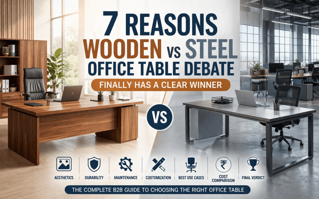 Wooden vs steel office table side by side comparison
